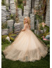 Ivory Lace Champagne Tulle Floor Length Flower Girl Dress